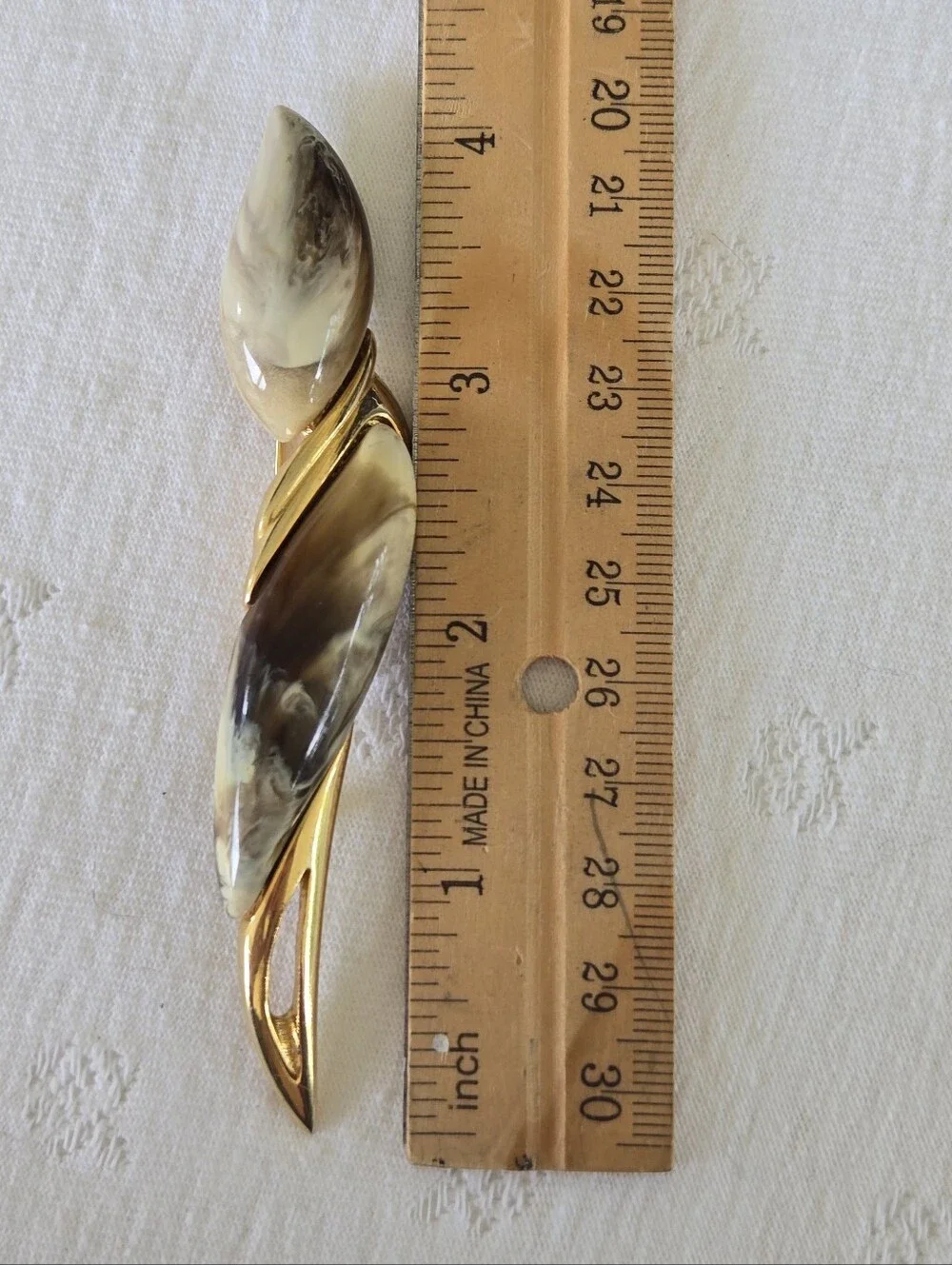 Vintage Gold-Tone Verducci Brooch with Cream and Brown Marbled Resin Auger Shell